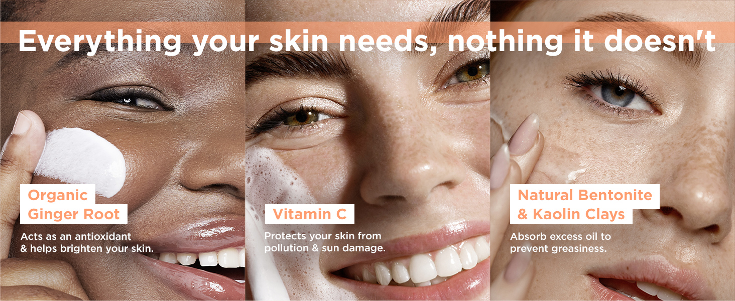 Ginger Root brightens skin, Vitamin C offers sun damage protection, Natural Clays absorb excess oil