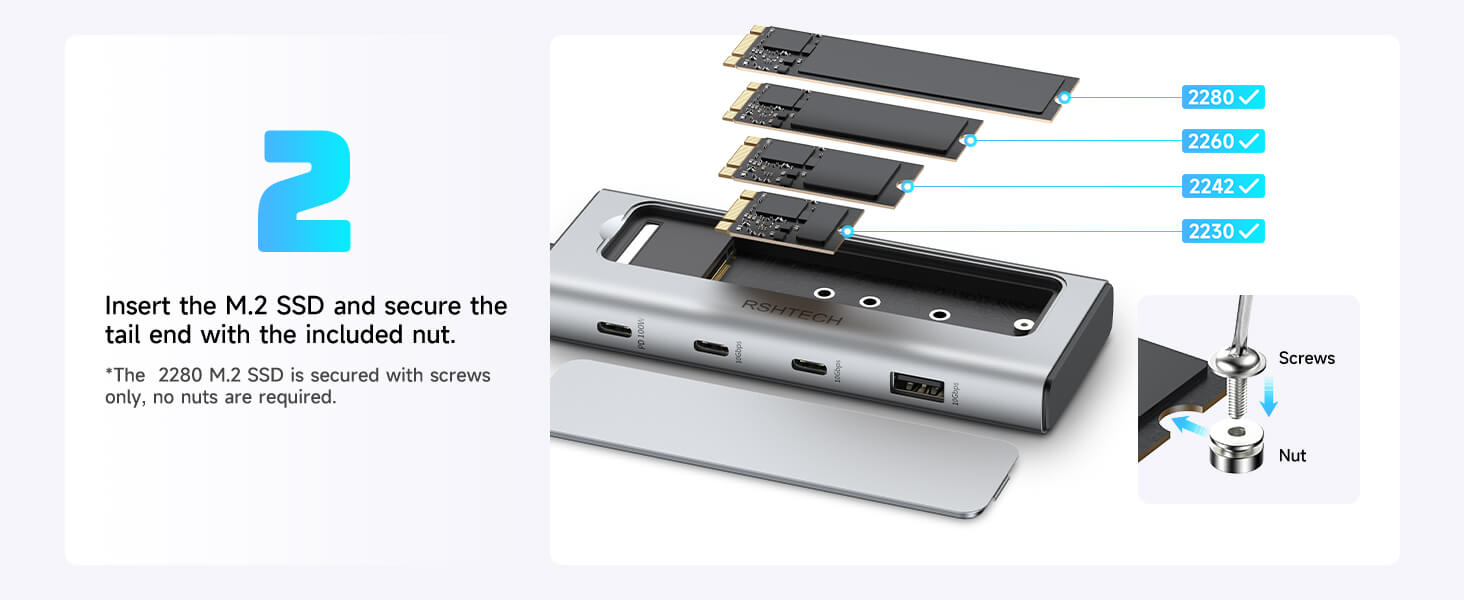 RSHTECH M.2 NVME SATA SSD Docking Station with USB 3.2 10Gbps hub