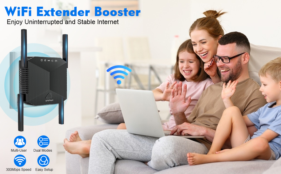A family using WiFi extender booster, ensuring a strong and stable internet connection.