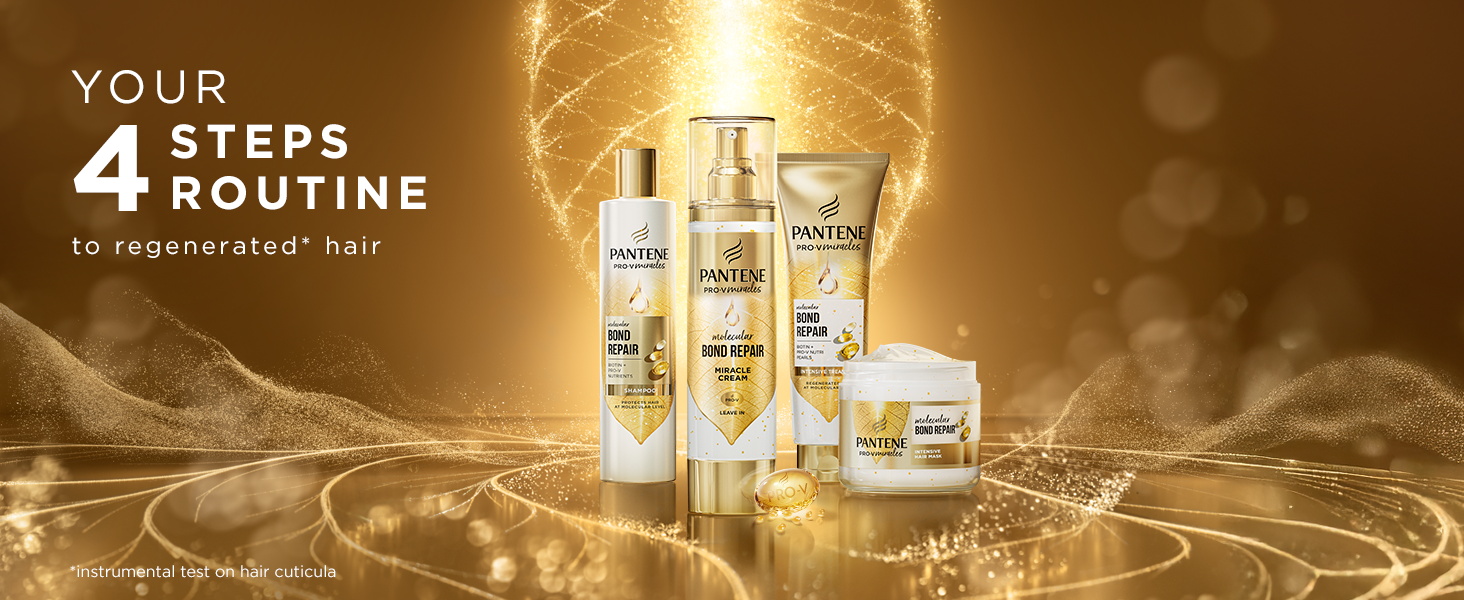 Pantene Bond Repair four step hair care routine with shampoo conditioner cream and mask