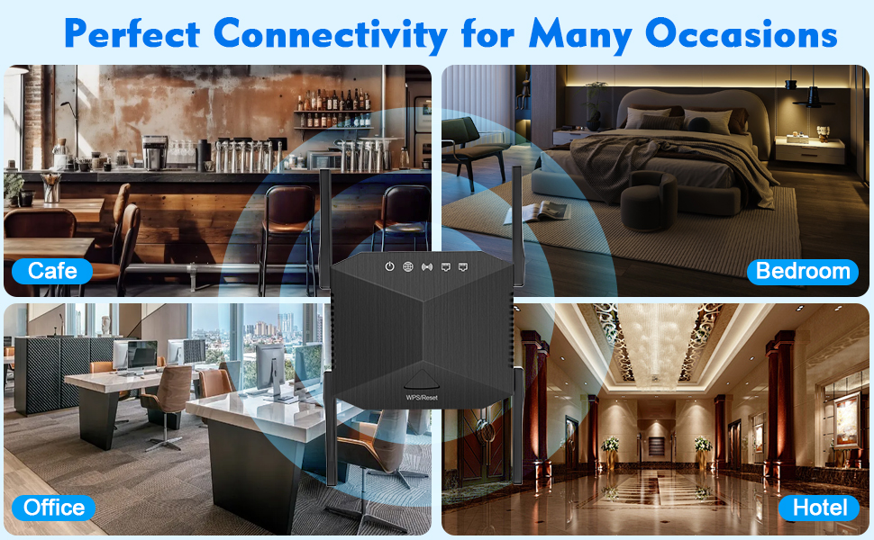 WiFi extender enabling connectivity for desktop, security camera, TV, gaming console, and printer.
