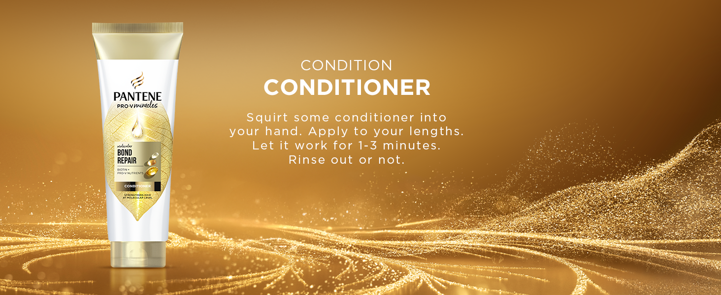 Pantene Bond Repair conditioner bottle with usage instructions on gold background