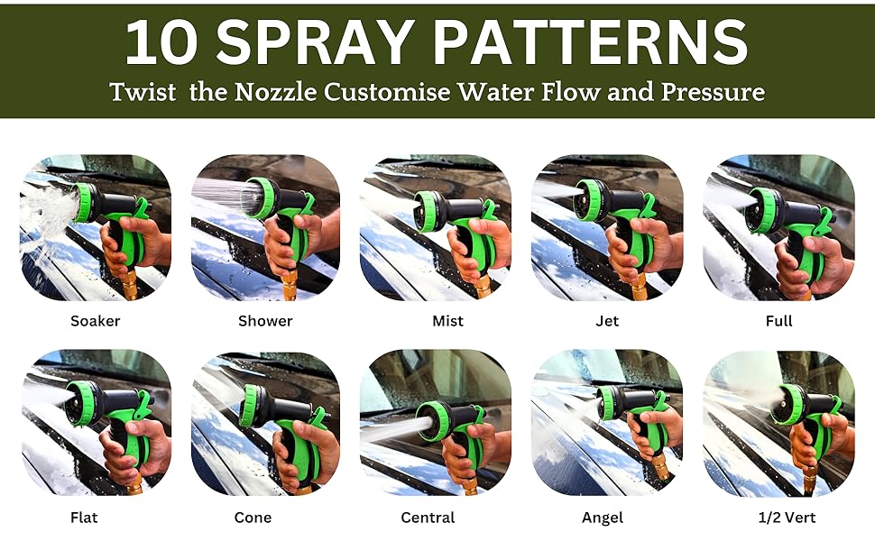 Garden hose Comes with 10spray patterns nozzle, 1hanger, 1 bag, 2 brass alloy connectors