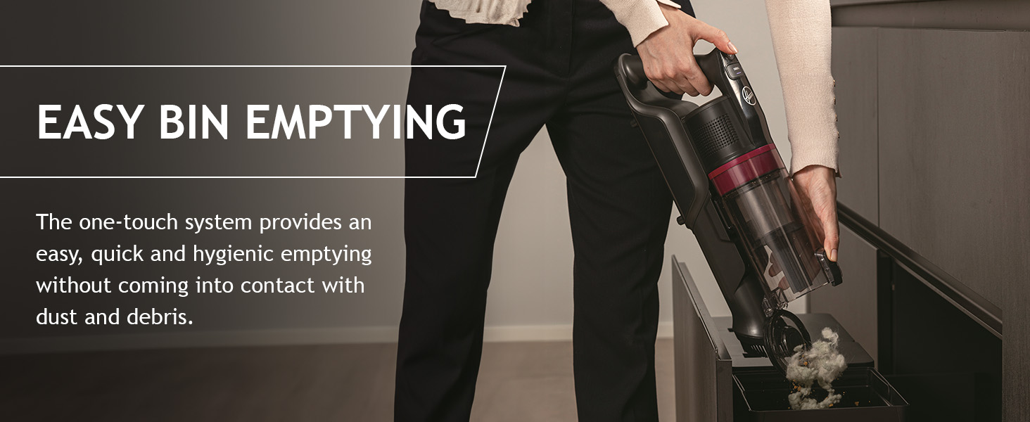 hoover vacuum cordless stick easy bin emptying avoid dust and dirt contact hygenic