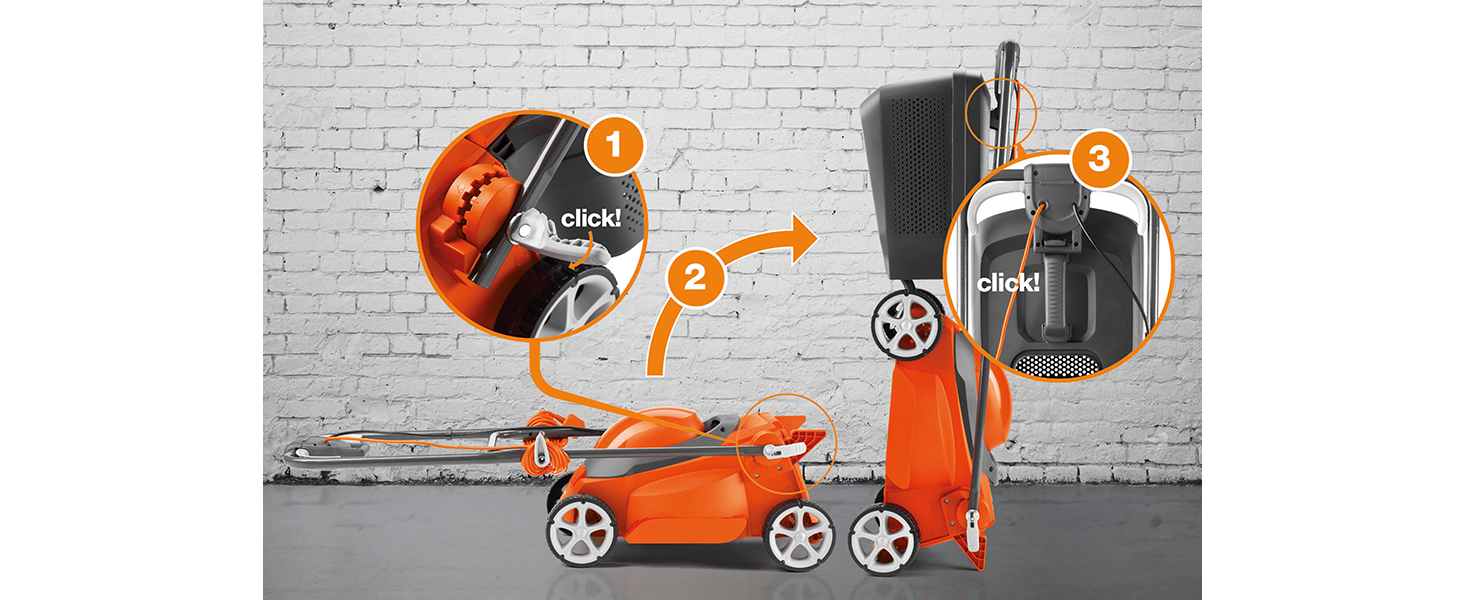 Fold the handles, stand it up vertically, and hang the grass box.