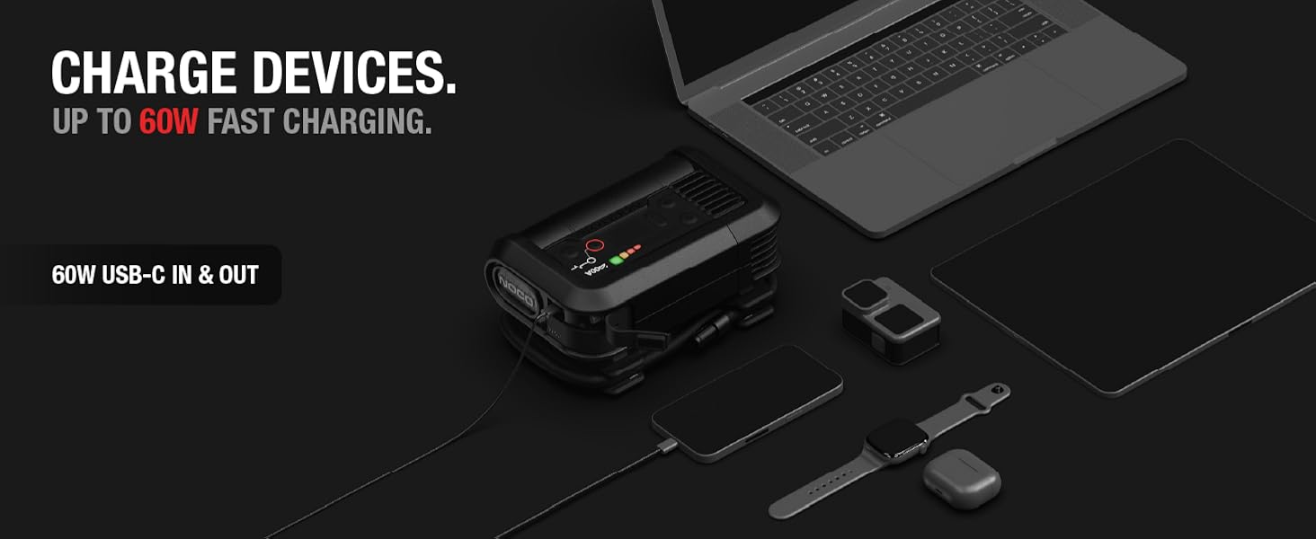 battery jump starter with usbc 60w fast charging both in and out for recharging smartphones