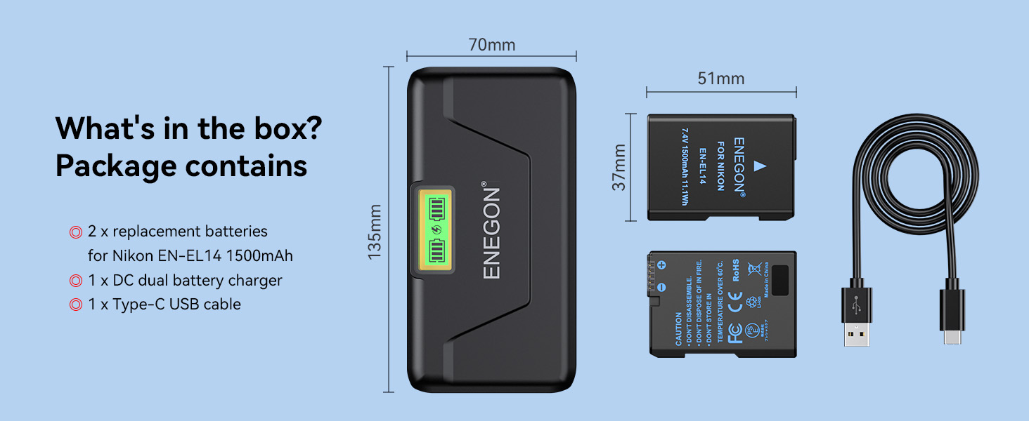 ENEGON Replacement batteries and charger for nikon en-el14