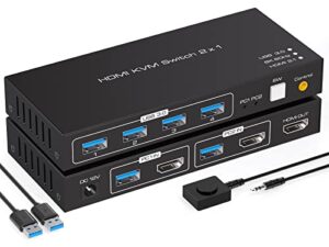 4K120Hz KVM Switch HDMI 8K60Hz KVM Switches for 2 Computers Share1 Monitors and 4 USB 3.0 Support Desktop Control Includes 2 USB 3.0 Cables and Power Adapters
