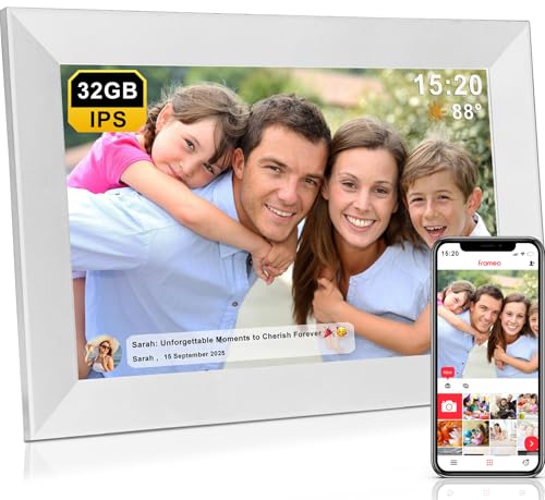 FRAMEO WiFi Digital Photo Frame 10.1 Inch- Large 32Gb Memo | 1280x800 HD IPS Touch Screen | Weather Temperature Forecast | Time Clock | Slideshow | Share Photos/Videos via the Frameo App