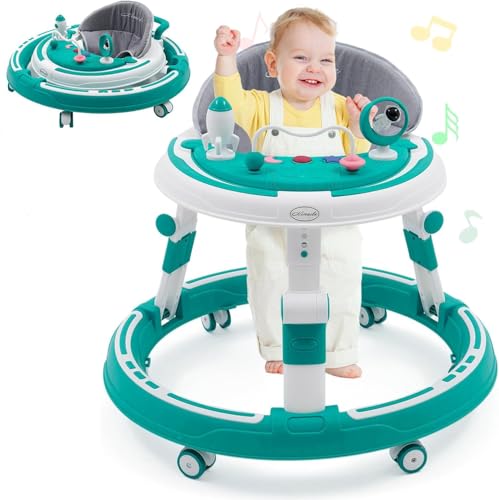 Baby Walker 4-in-1 Foldable Multi-Function Walkers Round Shape Walkers with Light Song and Sound Anti-Rollover Baby Seat with Adjustable Height Child Walking Chair Foot Pads for Girls Boys