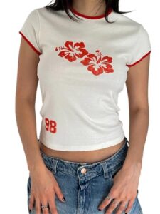 Y2k Graphic Baby Tees Women Teen Girl Casual Floral Print Short Sleeve Round Neck Slim Fit T Shirt Ladies Lightweight Summe