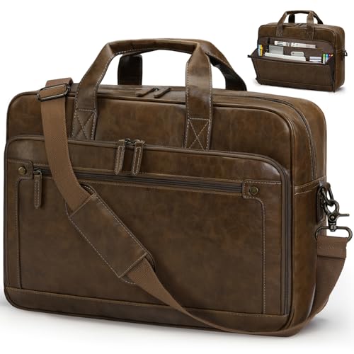 RAINSMORE Messenger Bags for Men Briefcase Waterproof Leather Laptop Bag 16 Inch Vintage Shoulder Satchel Bag for Work Office Business College Brow