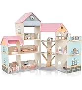 COSTWAY Kids Dolls House, Large Dollhouse with Furniture Accessories, Ladder and Skylights, DIY P...