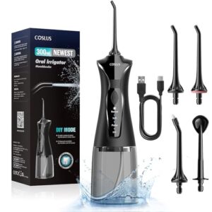 COSLUS Water Teeth Flosser Picks: 4 Modes Cordless Irrigator 300ML Portable Electric Flossing Machinerie for Teeth Cleaning Rechargeable Waterproof Tooth Pick Set Cleaner for Travel Home C30(FC5360)