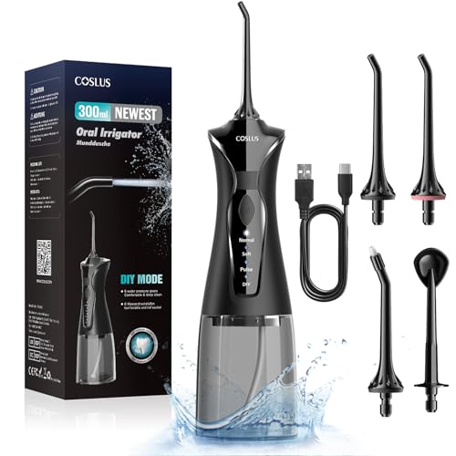 COSLUS Water Teeth Flosser Picks: 4 Modes Cordless Irrigator 300ML Portable Electric Flossing Machinerie for Teeth Cleaning Rechargeable Waterproof Tooth Pick Set Cleaner for Travel Home C30(FC5360)