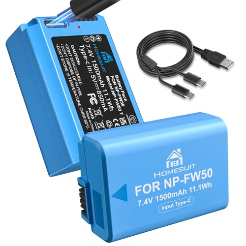 Homesuit NP-FW50 Replacement Battery 1500mAh and 2 in 1 USB-C Charging Cable for Sony A6500/A6400/A6300/A6000/A5000/A5100/zv-e10/A7/A7II/A7R/A7RII/A7SII/A7S/A7R/A7R2/A55/RX10/RX10II/NEX-3/5/7 Camera