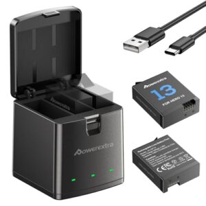 Powerextra Replacement Hero 13 Battery Charger Kit - 2-Pack 2100mAh Enduro Rechargeable Batteries with 3-Channel Fast Charger
