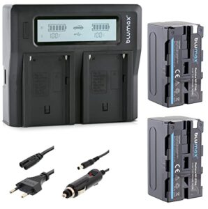 2 x Blumax Battery NP-F750 / NP-F550-5200 mAh + Dual LCD Charger Compatible with Sony NP-F570 NP-F970 NP-F990 for Flashes Video Lights Field Monito
