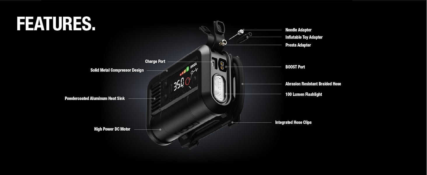 jump starter air compressor including inflation hose usb-c charging port and led flashlight