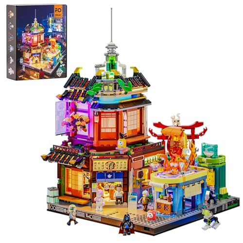 FUNWHOLE Cyberpunk Japanese-Izakaya Lighting-Building-Bricks Set - Cyberpunk Neon City Future Pub Japanese Street View House Collection LED Light Model Set 1987 Pcs for Adults and Sci-fi Lovers