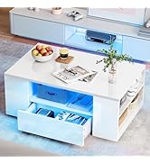 YITAHOME Coffee Table White Living Room Table High Gloss with 16-Colour LED Lighting Modern, Beist...