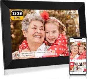 FRAMEO WiFi Digital Photo Frame 10.1 Inch- Large 32Gb Memo | 1280x800 HD IPS Touch Screen | Weather Temperature Forecast | Time Clock | Slideshow | Share Photos/Videos via the Frameo App