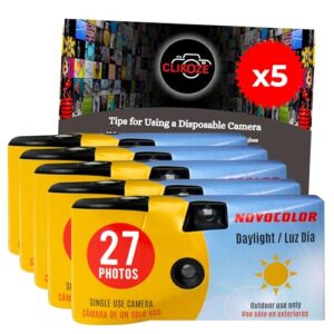 Disposable Camera Bundle with Novocolor Daylight Single Use Camera 27 Exposures and Clikoze Photography Tips Card (5 cameras)