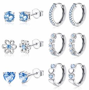 JeweBella 6 Pairs Small Earrings Set for Women Girls 925 Sterling Silver Post Stud and Hoop Earrings Set Hypoallergenic Zirconia Flower Heart Cute Cartilage Earrings for Kids Baby Pink/Purple/Blue