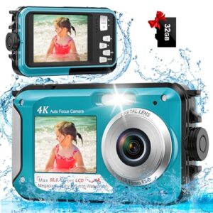 Yixinxin Underwater Digital Camera 4K 11FT Waterproof with 32GB Card 56MP Autofocus Dual-Screen Selfie for Snorkeling