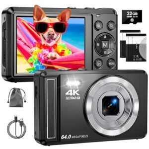 Digital Camera 4K 64MP Digital Camera with 32G SD Card Autofocus Vlogging Camera with Two 1200 mAh Batteries for Photography 16X Digital Zoom Mini Compact Camera for Kids Teenagers Beginners Adults