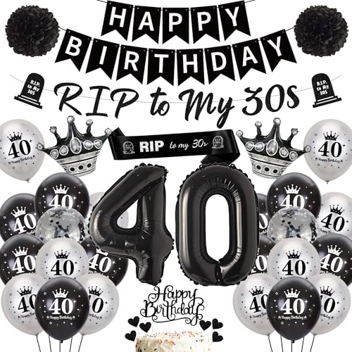 40th Birthday Decorations Black Gothic - Rip to My 30s Birthday Decor Banner Sash Number 40 Foil Balloon