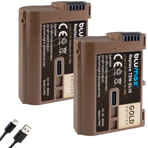 2 x Blumax Battery Replacement for Nikon EN-EL15 | 2600 mAh -| EN-EL15c EN-EL15b EN-EL15a with USB Type-C Charging Socket for Z5 D850 D7500 - Z8 Z7 II Z6 III Zf