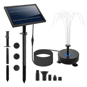 Irishom 170L/H Solar Water Pump with 5 LED Color Light 7pcs Nozzle Kit Solar Fountain Pump with Built-in Battery 9.8ft Cable Wall Mounted and Ground Inseted Panel for Ponds Garden Bird Bath