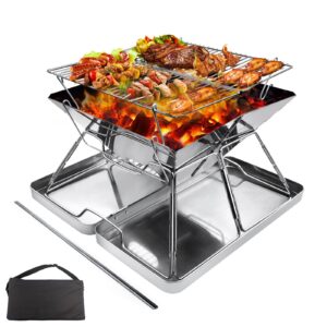 Portable Fire Pit for Camping: Collapsible Stainless Steel Grill with iron Carry box