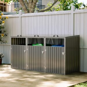 Wheelie Bin Storage Bin Store for Triple Wheelie Bins Galvanized Steel Wheel Bins Hideaways with Locking Door Garden Trash Can Cover with Lifting Lids