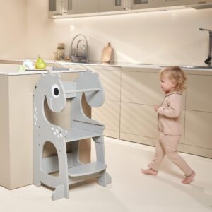 Toddler Kitchen Helper Nursery Step Stool Kids Standing Tower for 18months+ Dinosaur Grey