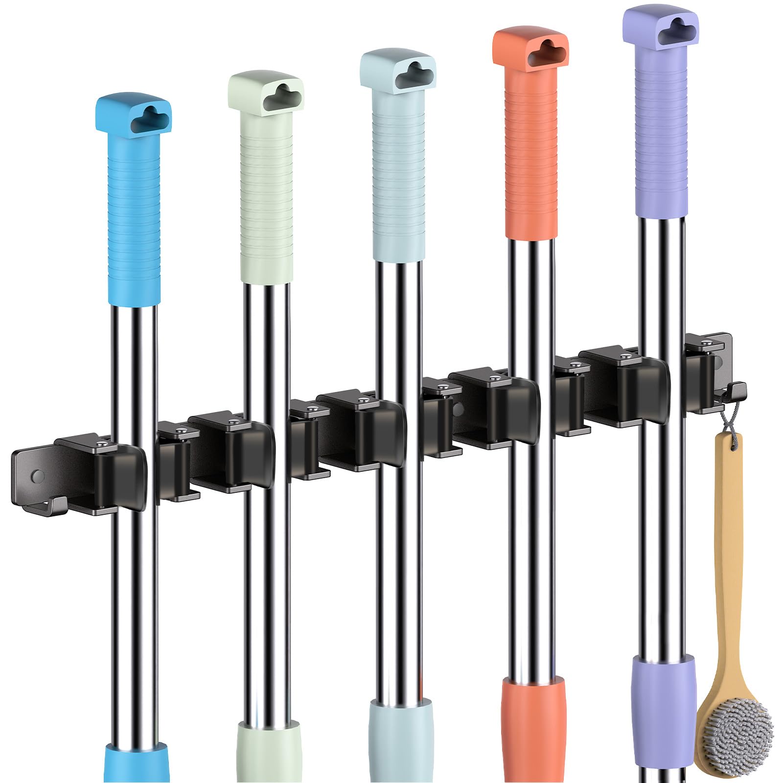 Oamwrae 5 Slot Broom Holder Wall Mounted with 2 Hooks