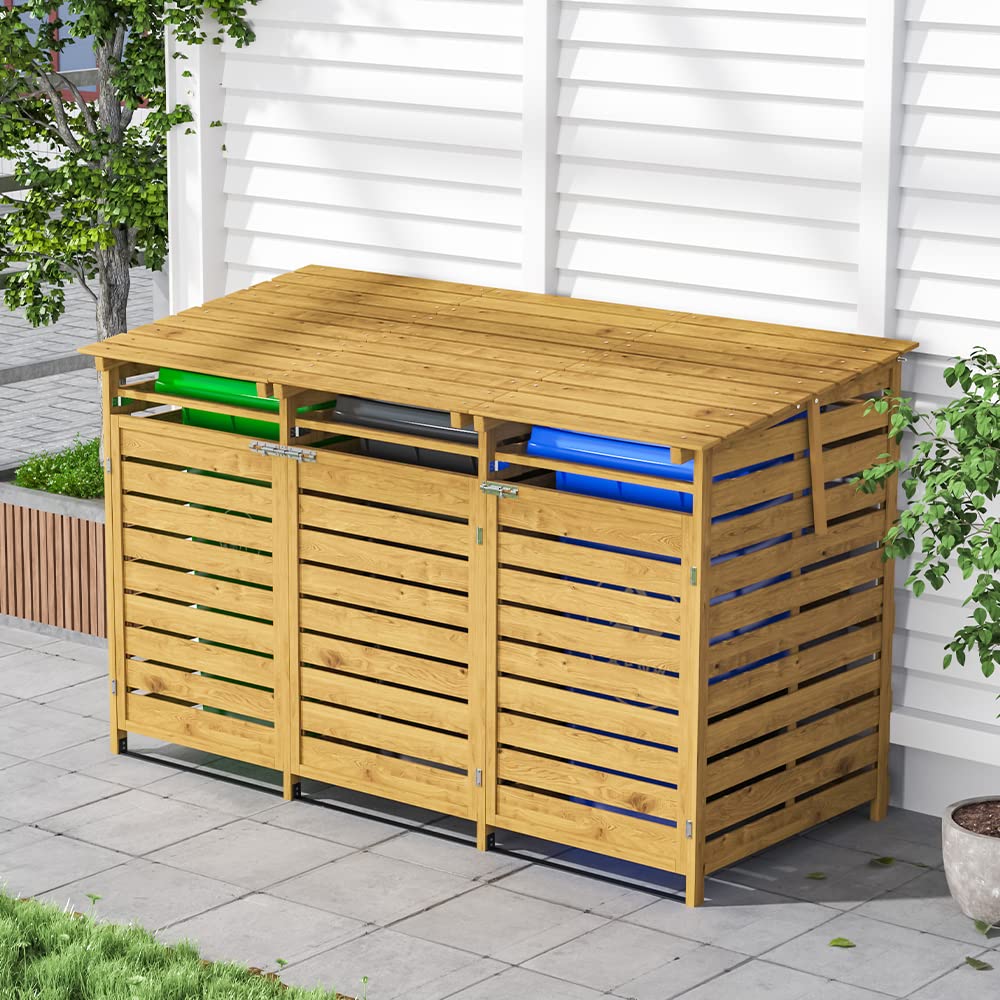 Warmiehomy Wheelie Bin Storage Triple Wheelie Bin Hideaway Outdoor 3 Bins Shed Wooden Wheel Bins Storage Garden Large Garbage Store 191cm x 86cm x 122cm
