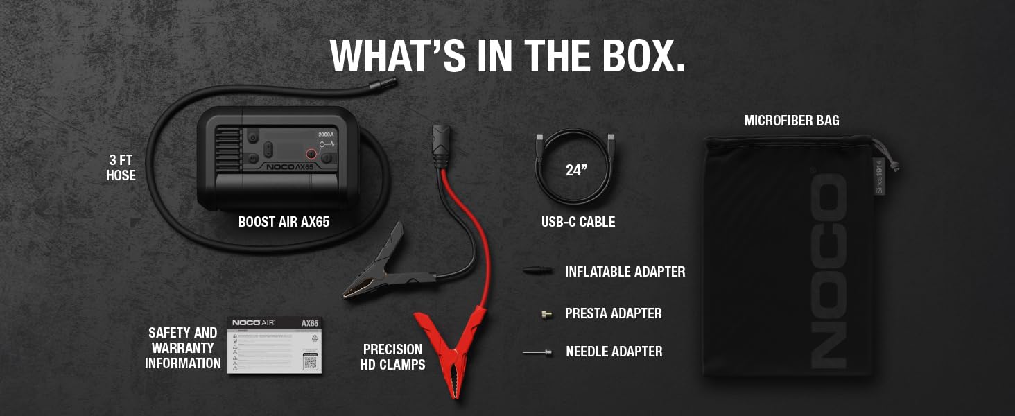 includes battery charger jump starter air compressor jumper cable clamps usb c cable storage bag