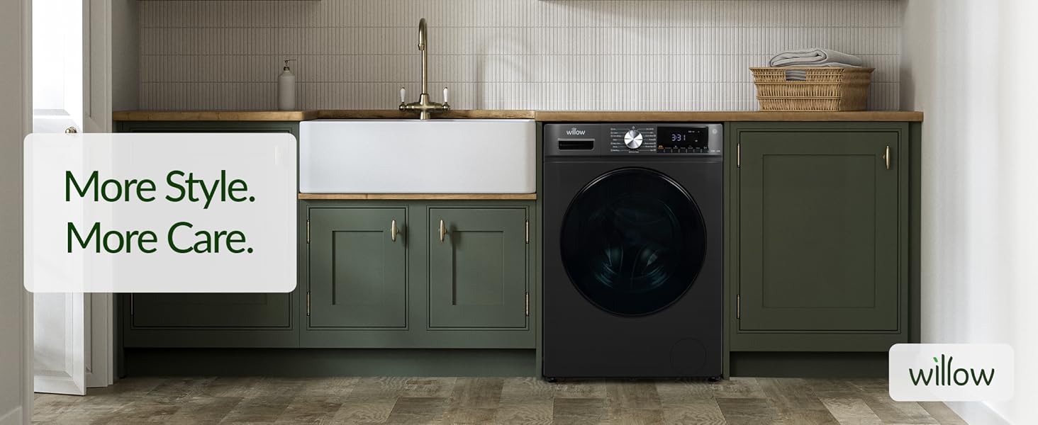 Willow WWD8514GRY washer dryer in green utility room setting. Willow logo. More style more care