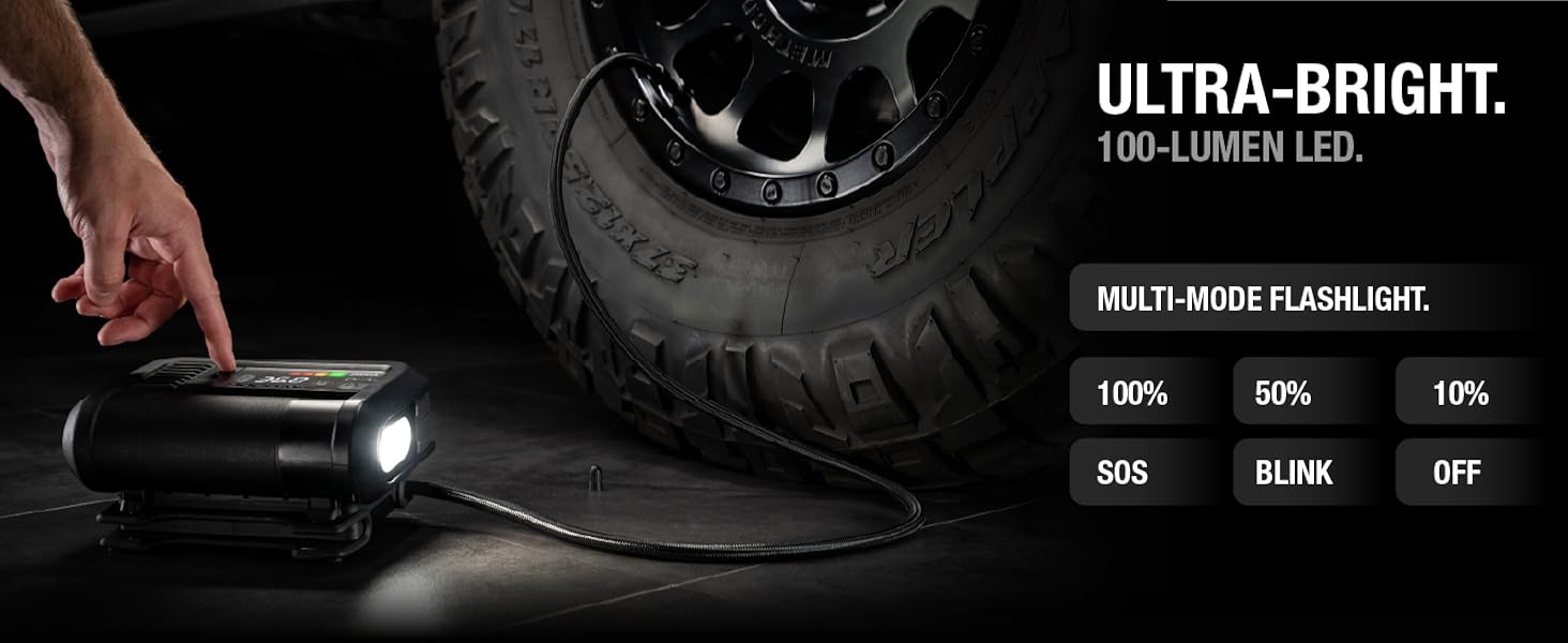 portable car jump starter air compressor with ultra-bright led flashlight with sos and strobe mode