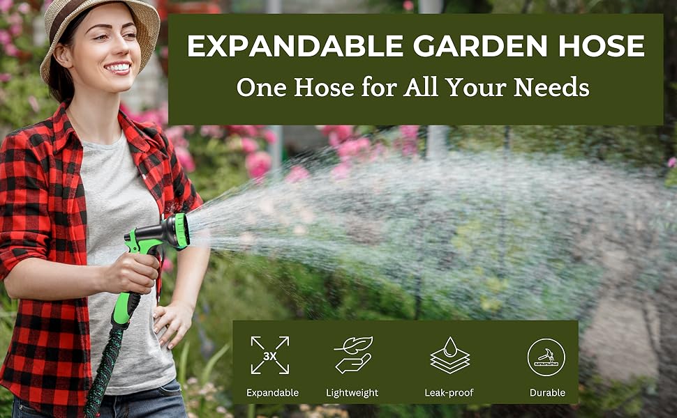 Expandable garden hose no leaks, no kink, no twist and light weight comes with 10 patterns nozzle