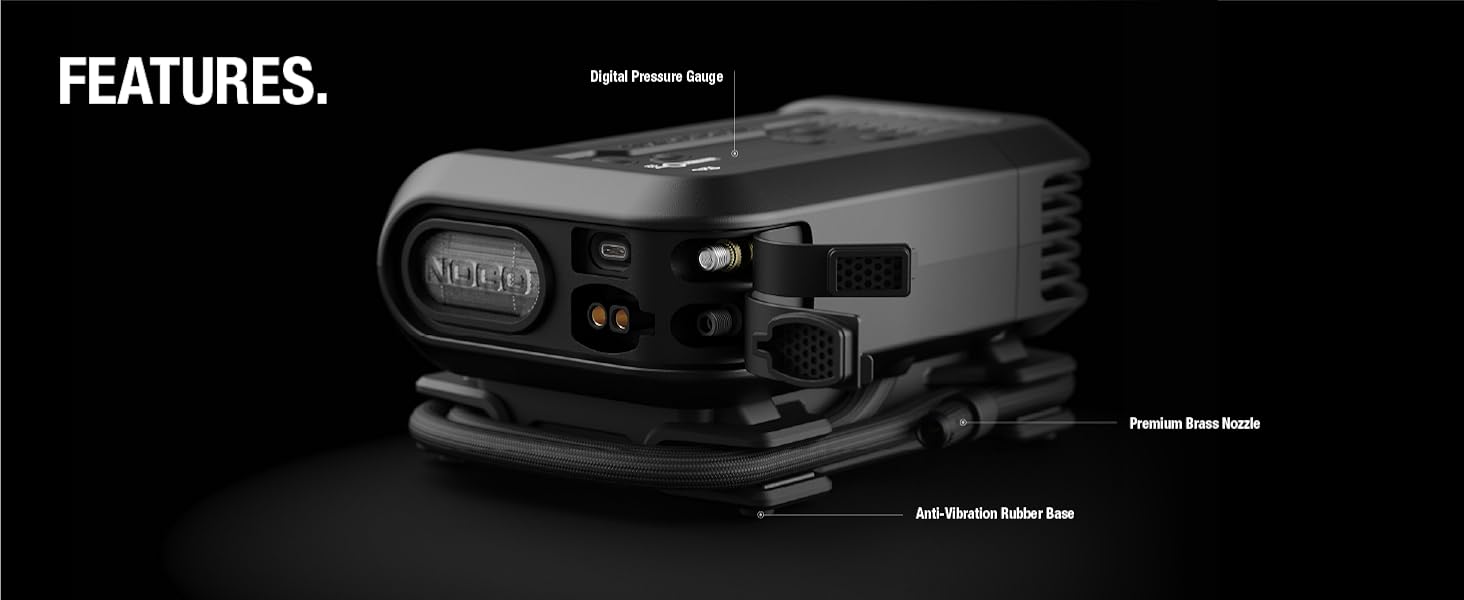 portable tyre inflator with a digital pressure gauge and brass nozzle with presta needle adapters
