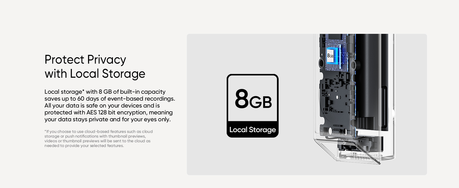 Product feature illustration showing 8GB local storage capability with a security-focused design element and technical component diagram.