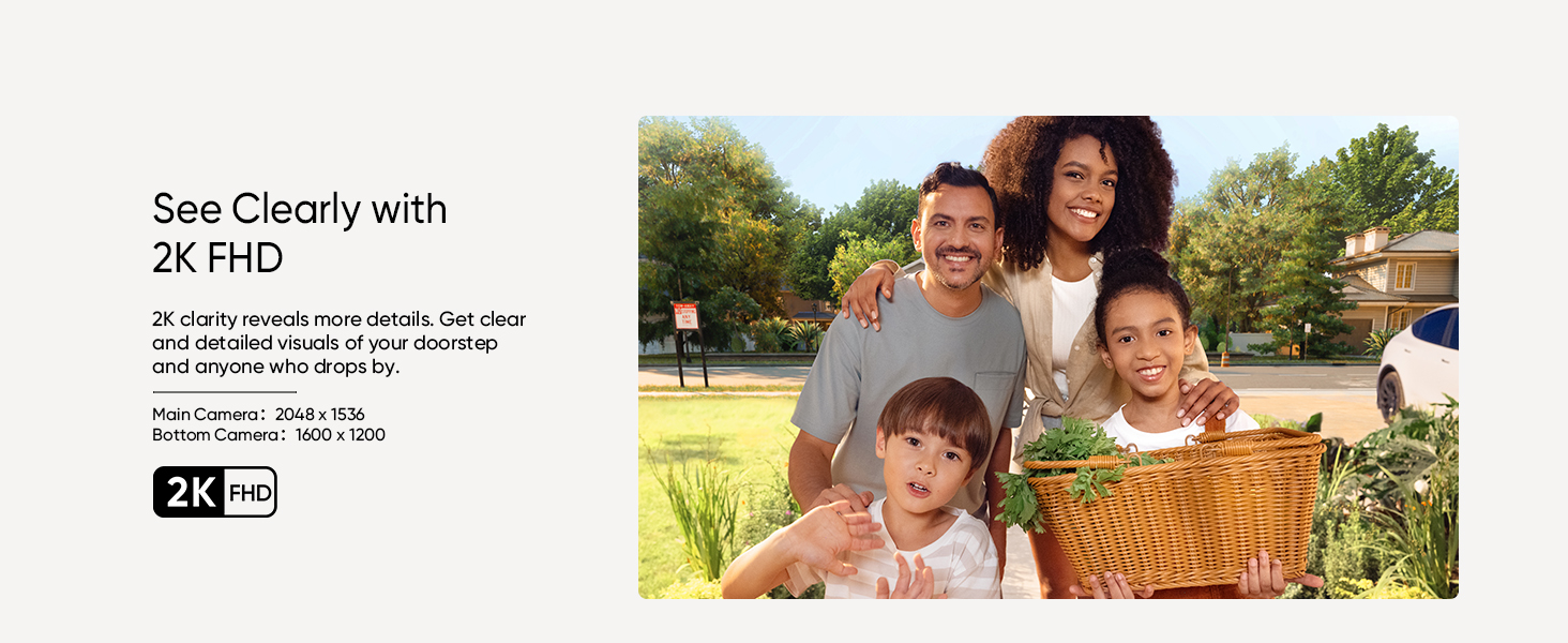 Marketing image showing '2K FHD' text with a picnic scene illustration demonstrating clear visual quality in outdoor settings.