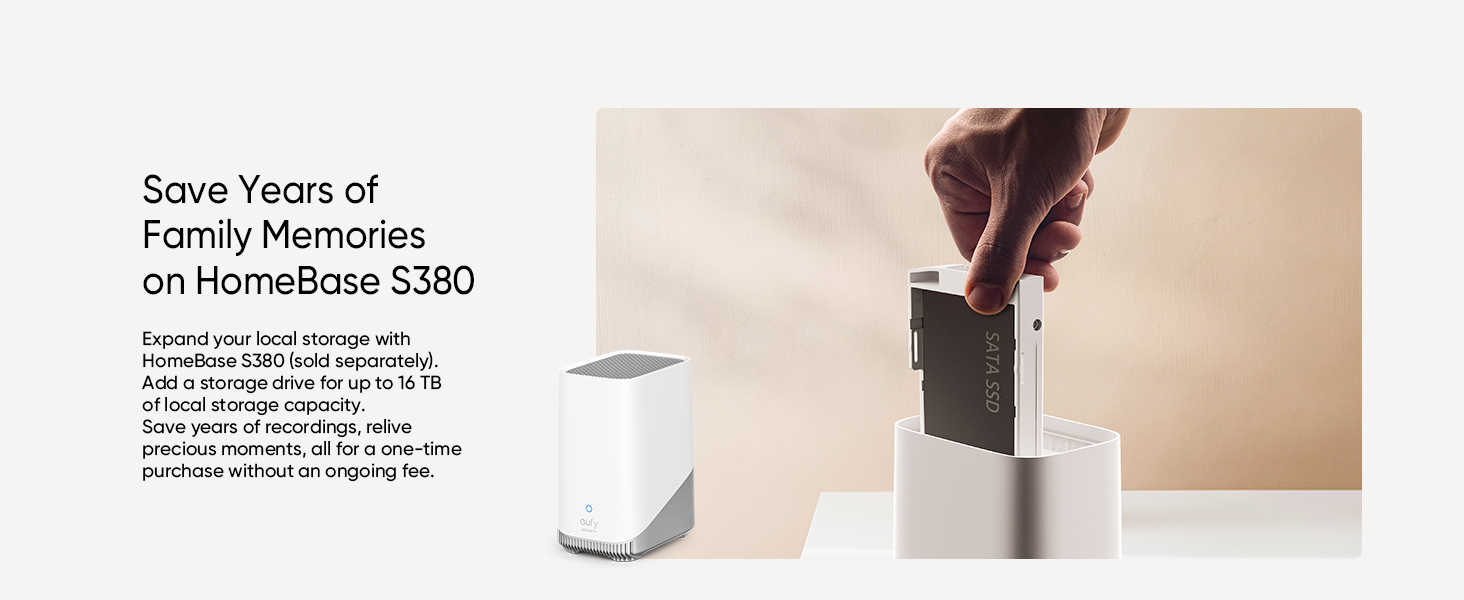 White cube-shaped device called HomeBase S380 for storing family memories. Hand shown interacting with the device. Text describes product features.