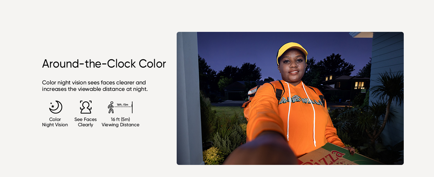Product advertisement showing 'Around-the-Clock Color' with icons for 24-hour wear, water resistance, and SPF protection. Image displays person wearing bright orange hoodie outdoors at night.