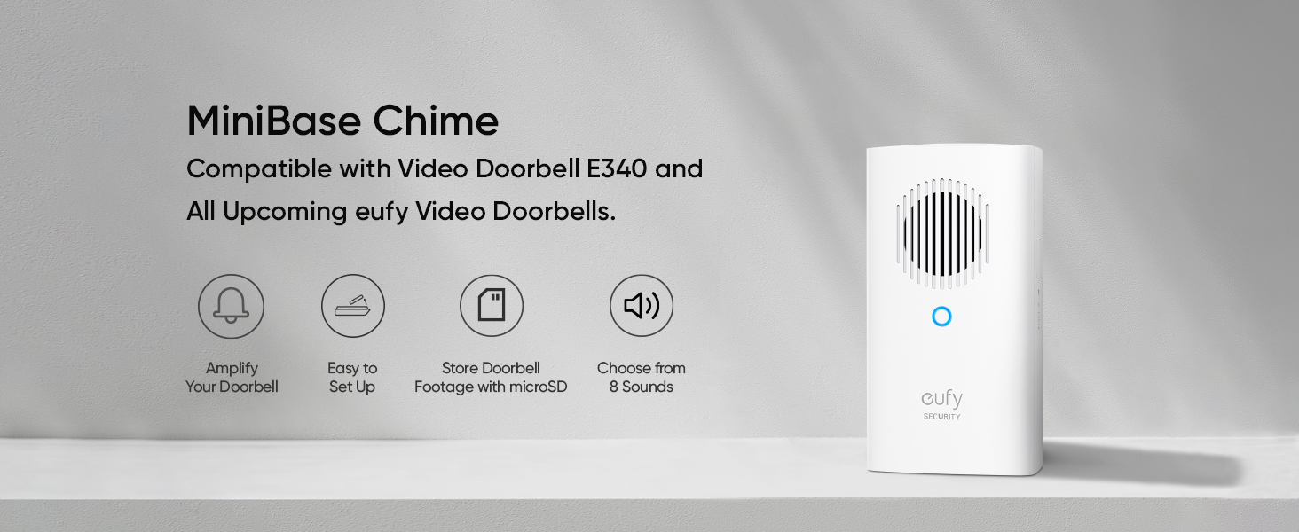 MiniBase Chime doorbell device, white rectangular design with speaker grille. Compatible with Video Doorbell E340 and upcoming eufy Video Doorbells. Four feature icons displayed.