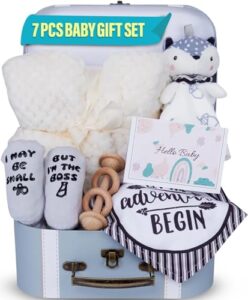Baby Shower Gifts Set | 7 Pieces Baby Gift Box for Infant Boy or Girls 0-12 Months | Cute Baby Shower Gift' with Newborn Blanket