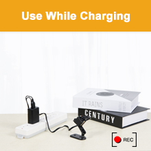 Wireless camera device with adjustable mounting arm. Image shows battery icon and 'REC' symbol, indicating recording and battery life features.